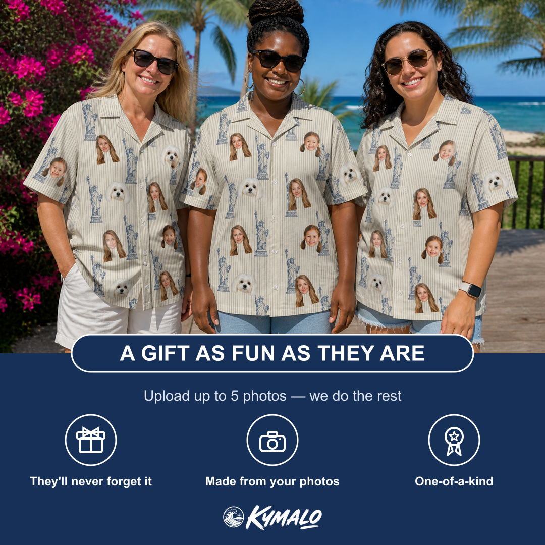 Friends in matching Women's Harbor Halo Custom Face Hawaiian Shirt — a group gift photo