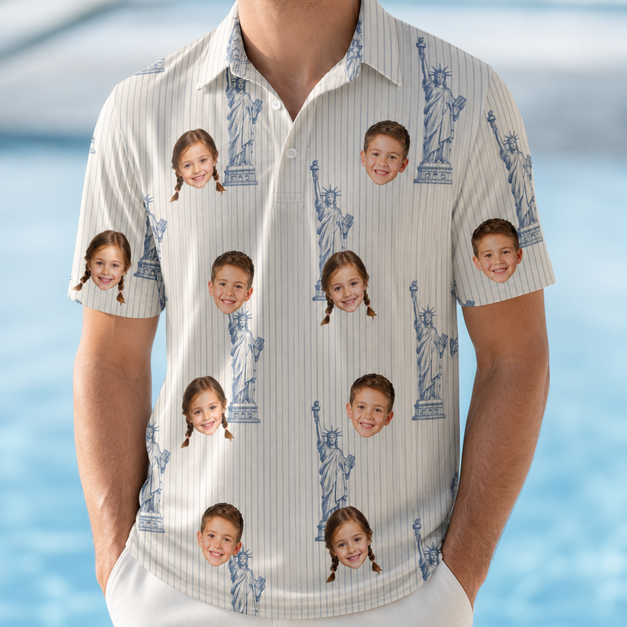 Model wearing Men's Harbor Halo Custom Face Polo Shirt printed with kids' faces