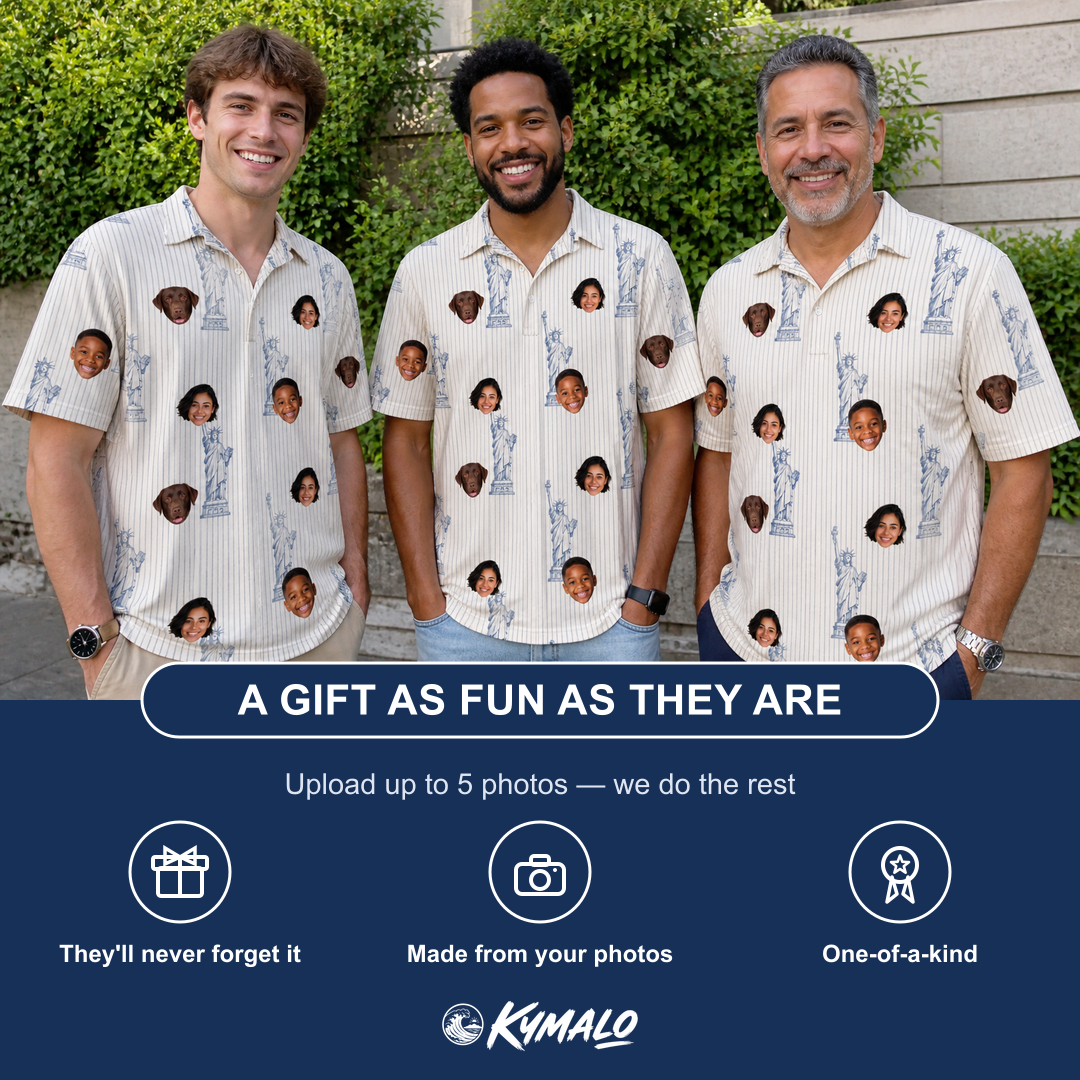Friends in matching Men's Harbor Halo Custom Face Polo Shirt — a group gift photo