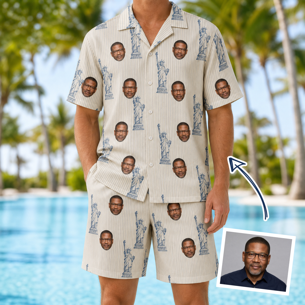 Man wearing Men's Harbor Halo Custom Face Shirt & Shorts Set — custom faces printed all-over