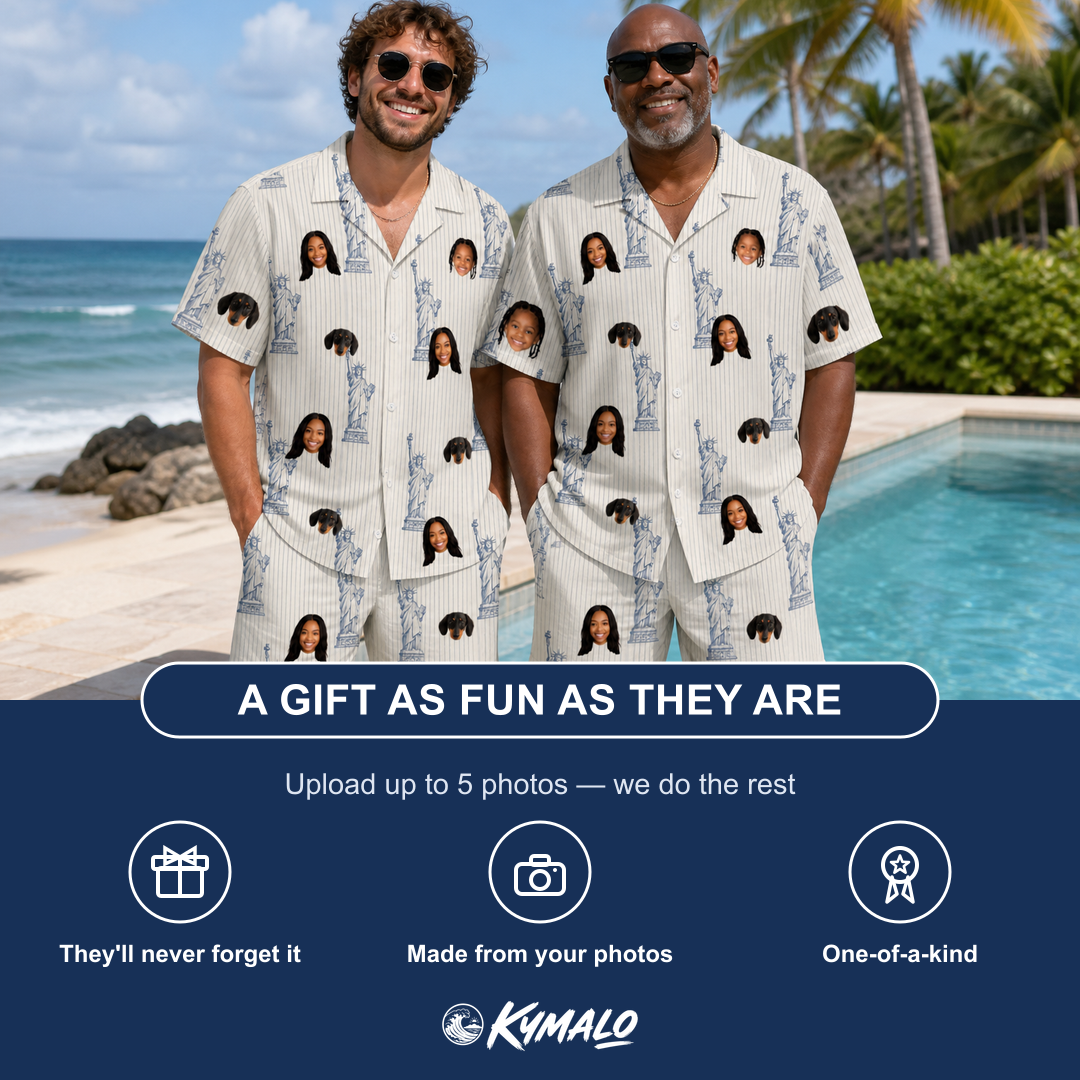 Friends in matching Men's Harbor Halo Custom Face Shirt & Shorts Set — a group gift photo
