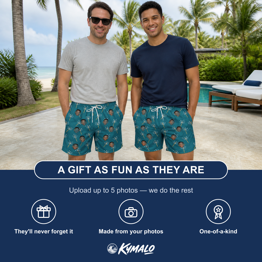 Friends in matching Men's Continental Crackle Custom Face Beach Shorts — a group gift photo