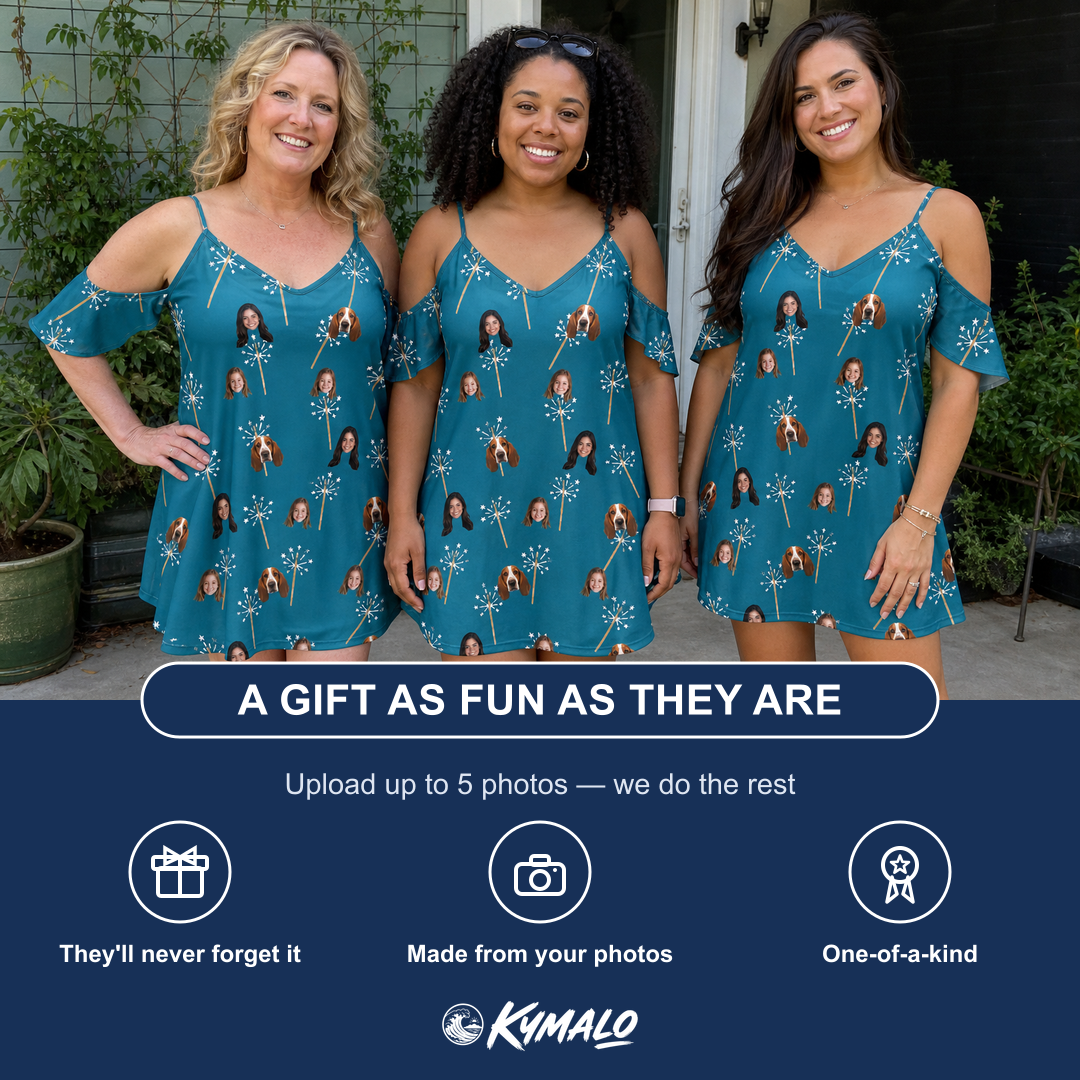 Friends in matching Women's Continental Crackle Custom Face Off-Shoulder Dress — a group gift photo