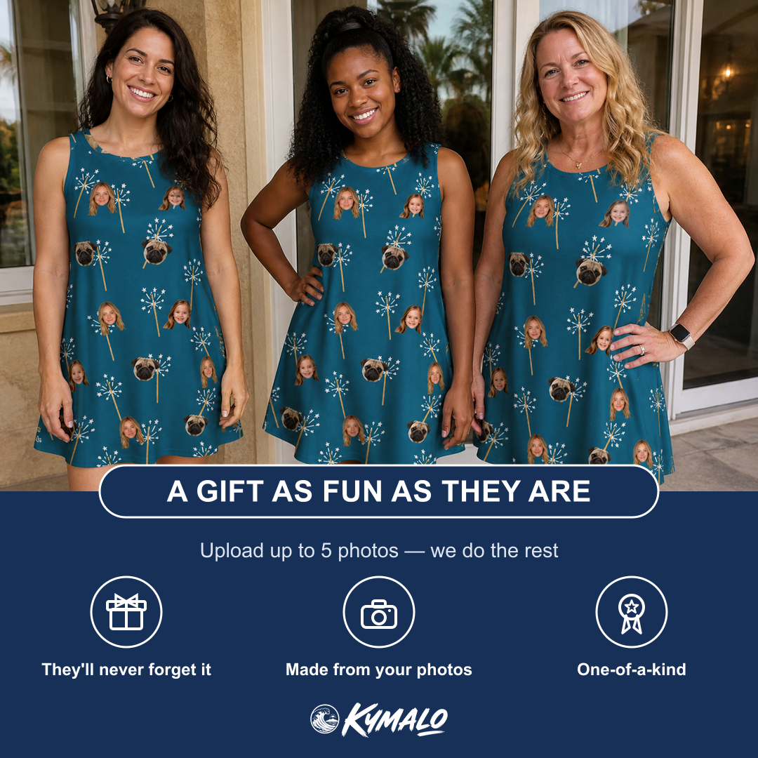 Friends in matching Women's Continental Crackle Custom Face Tank Dress — a group gift photo