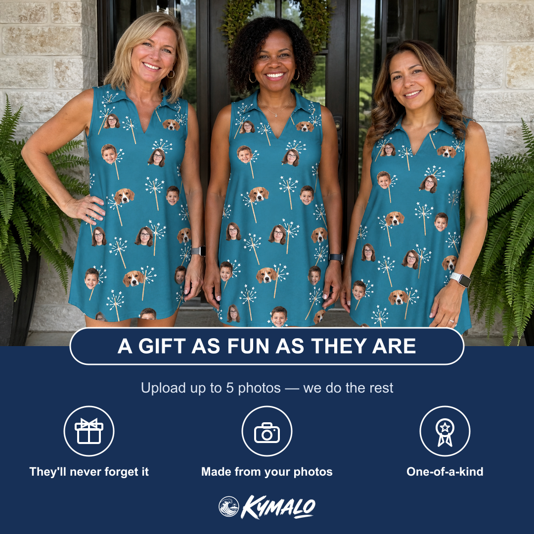 Friends in matching Women's Continental Crackle Custom Face V-Neck Dress — a group gift photo