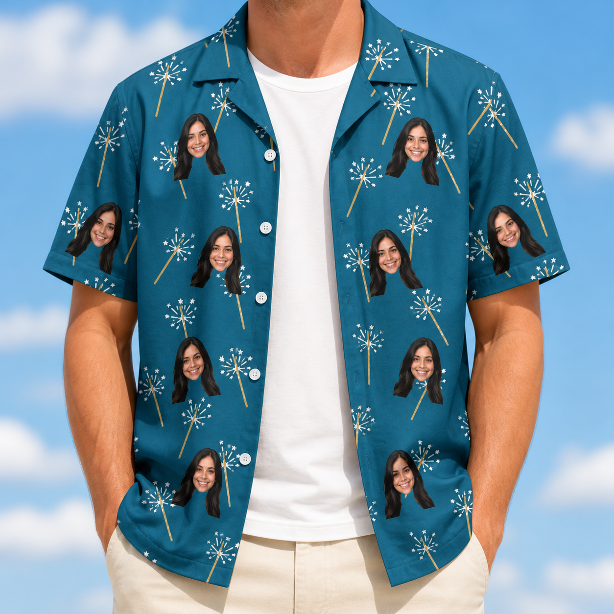 Man wearing Men's Continental Crackle Custom Face Hawaiian Shirt open over a white tee