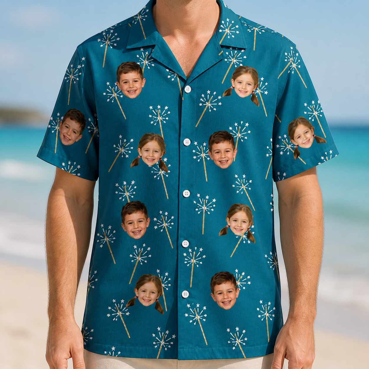 Model wearing Men's Continental Crackle Custom Face Hawaiian Shirt printed with kids' faces