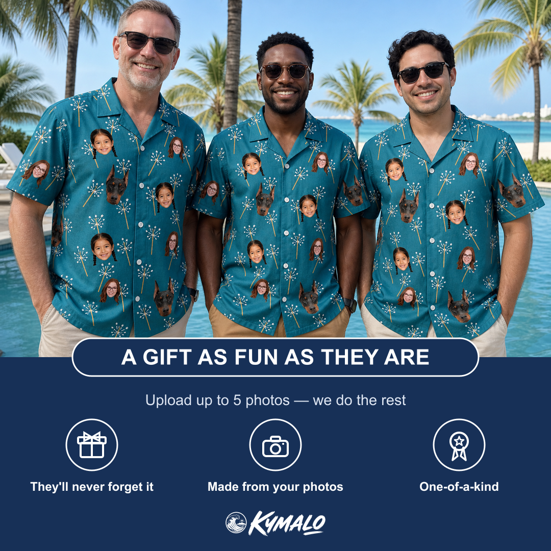 Friends in matching Men's Continental Crackle Custom Face Hawaiian Shirt — a group gift photo