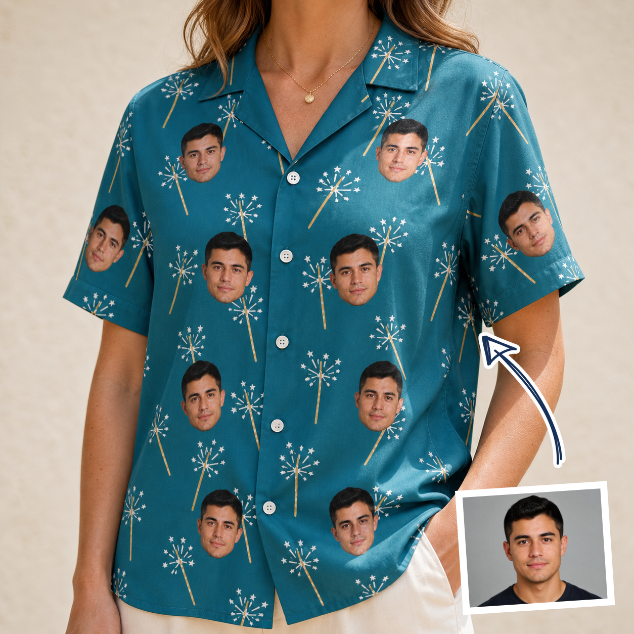 Woman wearing Women's Continental Crackle Custom Face Hawaiian Shirt — custom faces printed all-over