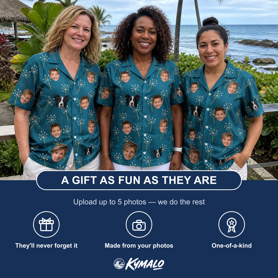Friends in matching Women's Continental Crackle Custom Face Hawaiian Shirt — a group gift photo