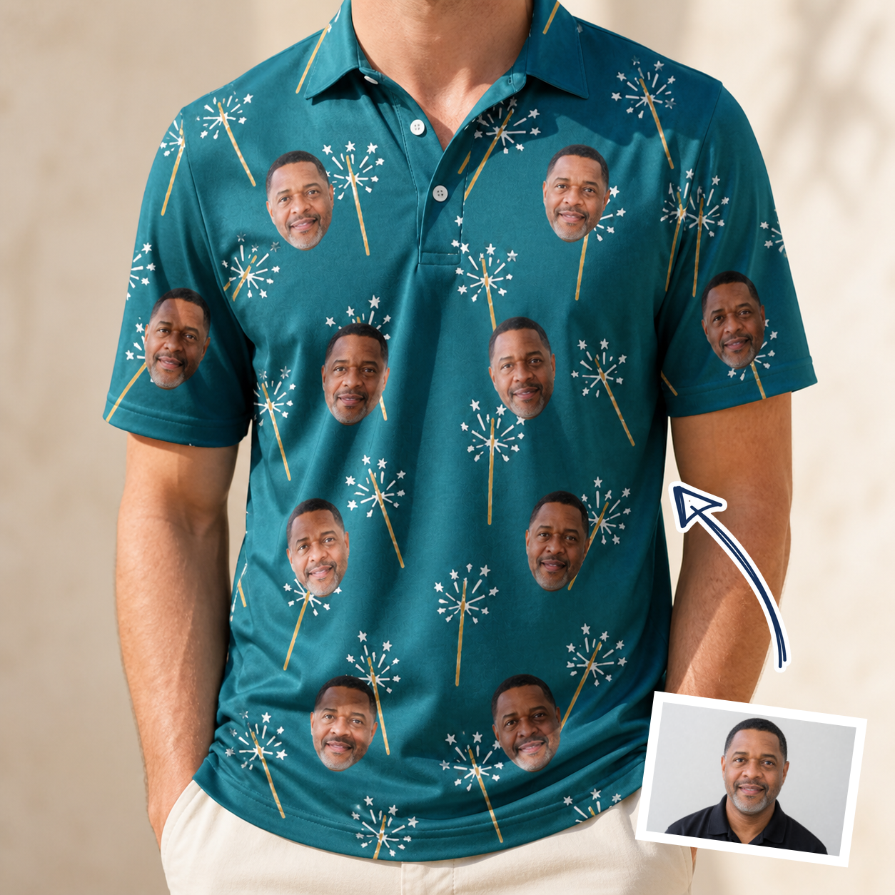 Man wearing Men's Continental Crackle Custom Face Polo Shirt — custom faces printed all-over