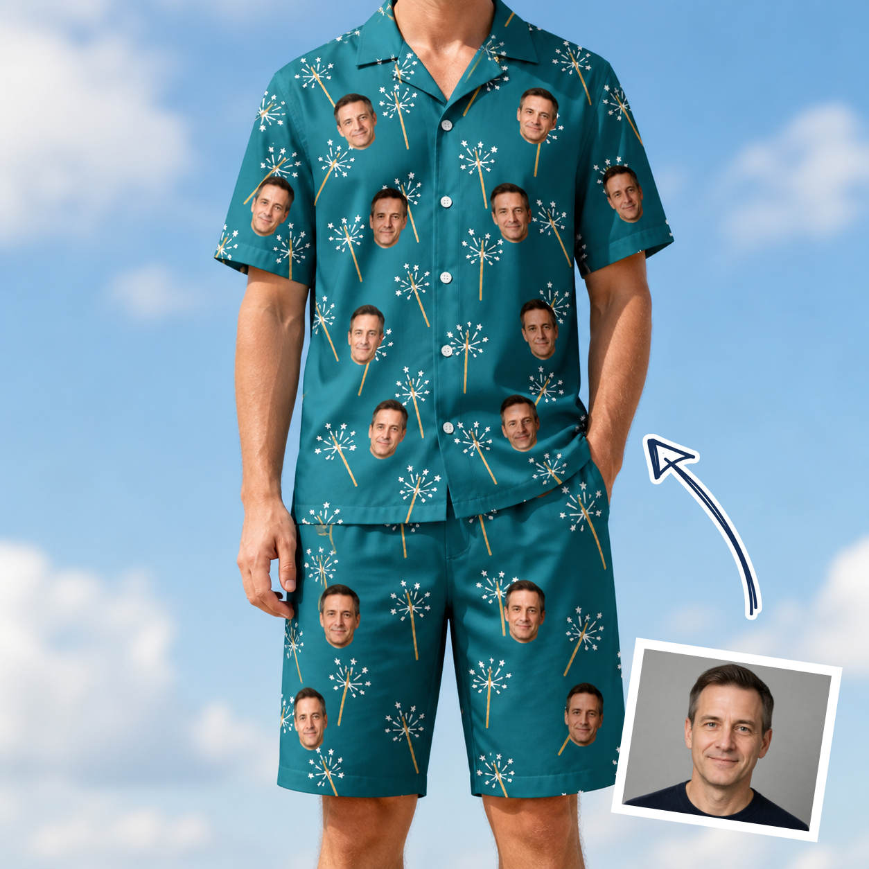 Man wearing Men's Continental Crackle Custom Face Shirt & Shorts Set — custom faces printed all-over