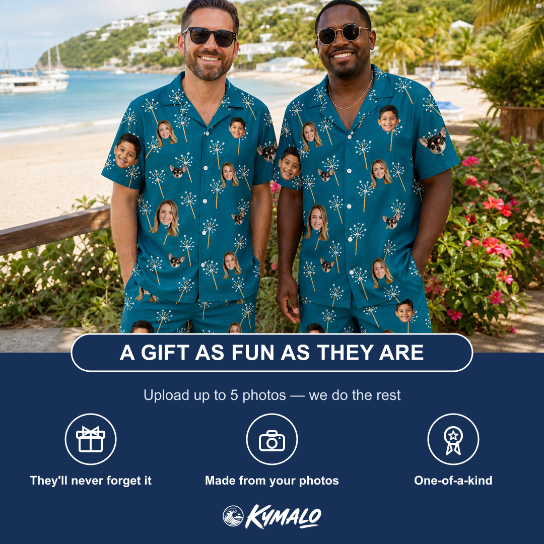 Friends in matching Men's Continental Crackle Custom Face Shirt & Shorts Set — a group gift photo