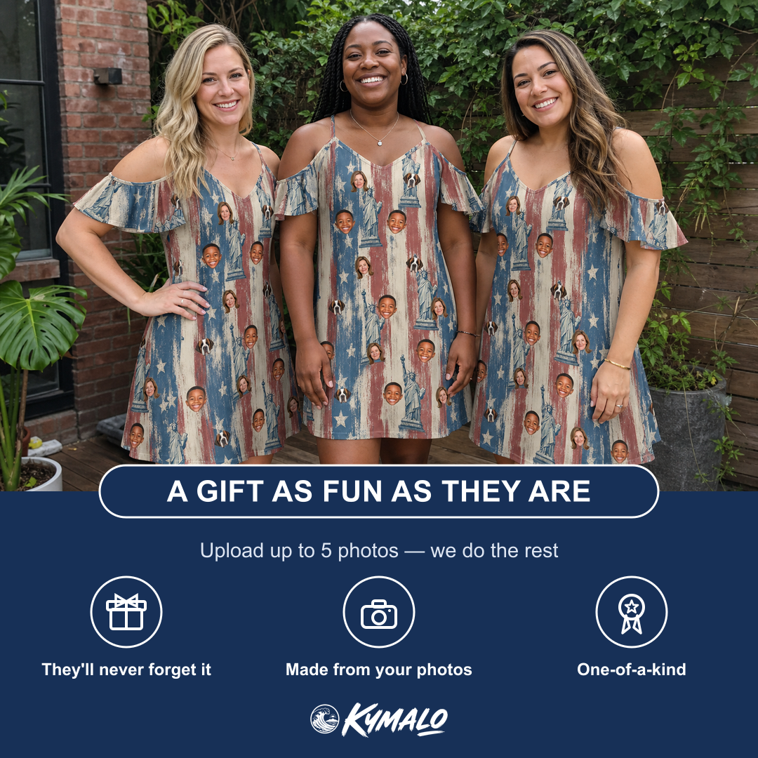 Friends in matching Women's Copper Colossus Custom Face Off-Shoulder Dress — a group gift photo