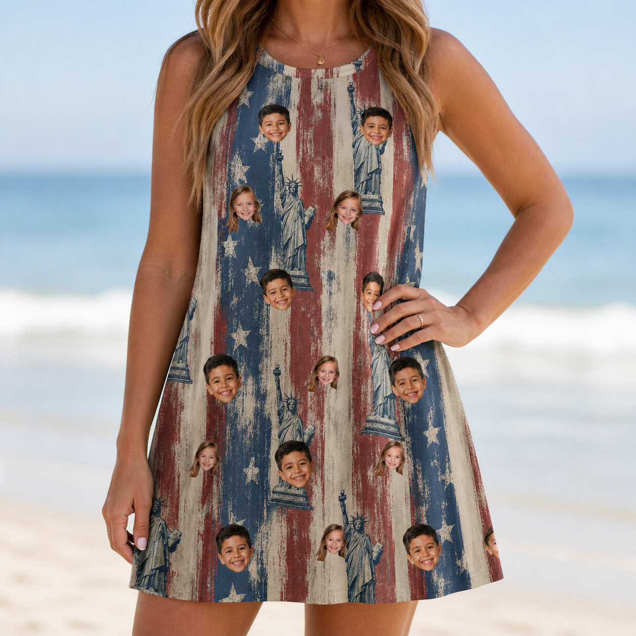 Model wearing Women's Copper Colossus Custom Face Tank Dress printed with kids' faces