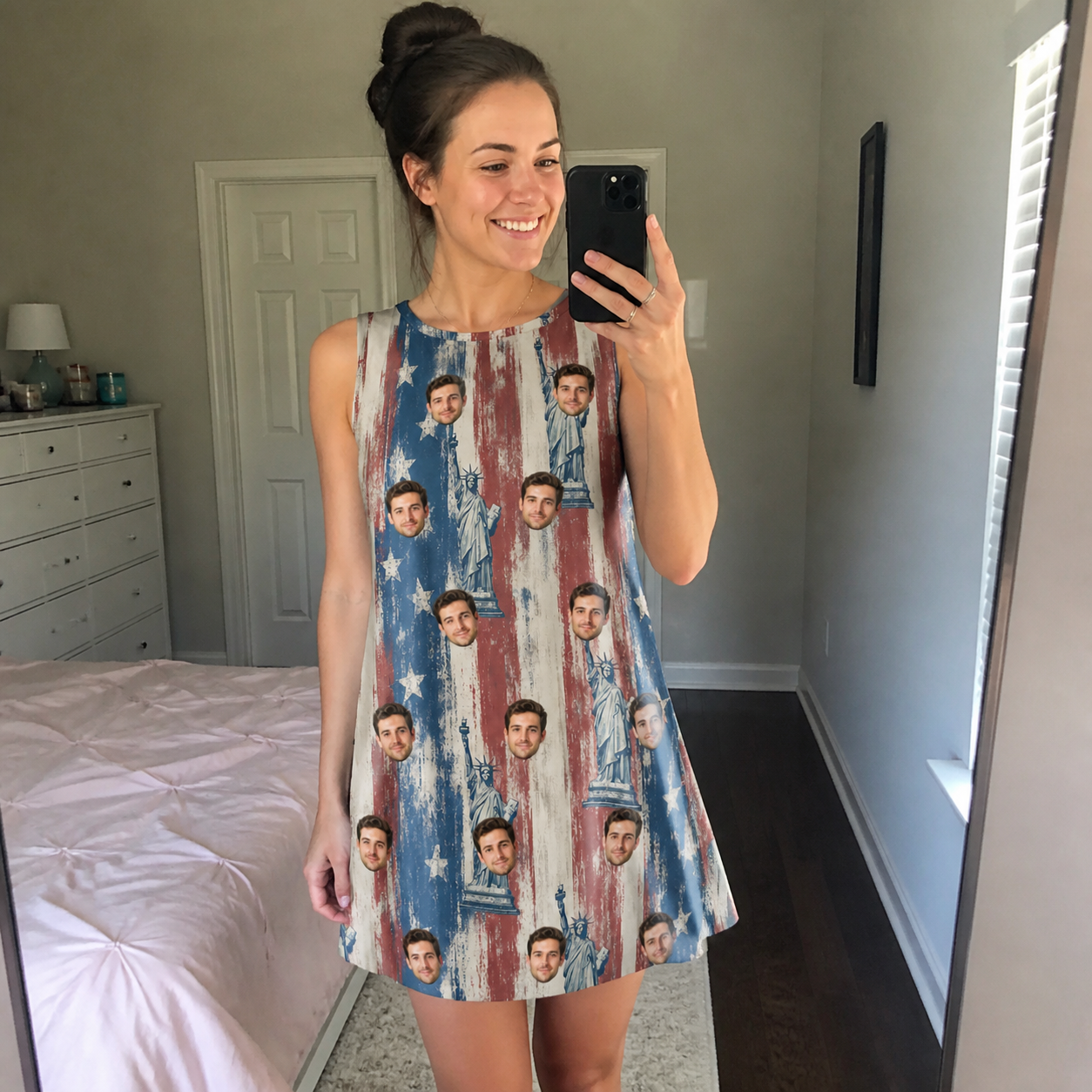 Real-life photo of someone wearing Women's Copper Colossus Custom Face Tank Dress — custom faces printed all-over