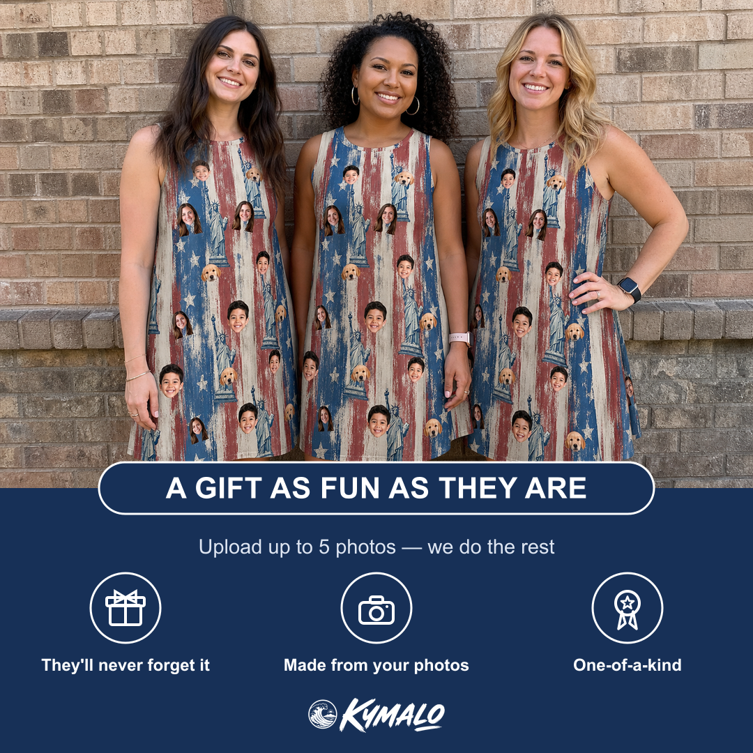 Friends in matching Women's Copper Colossus Custom Face Tank Dress — a group gift photo