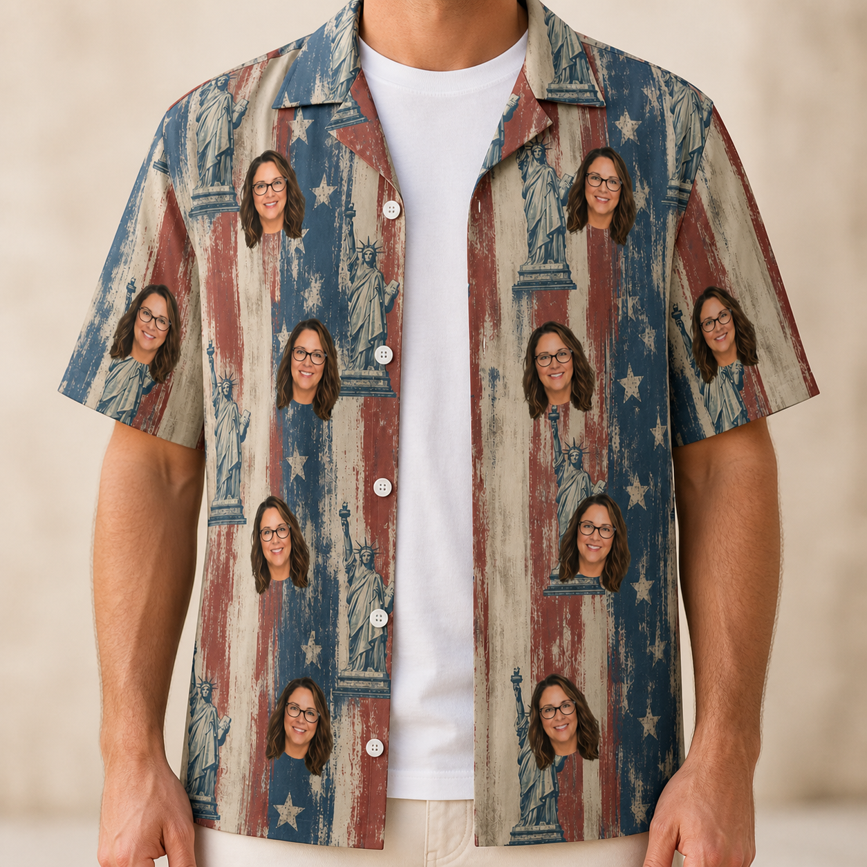 Man wearing Men's Copper Colossus Custom Face Hawaiian Shirt open over a white tee
