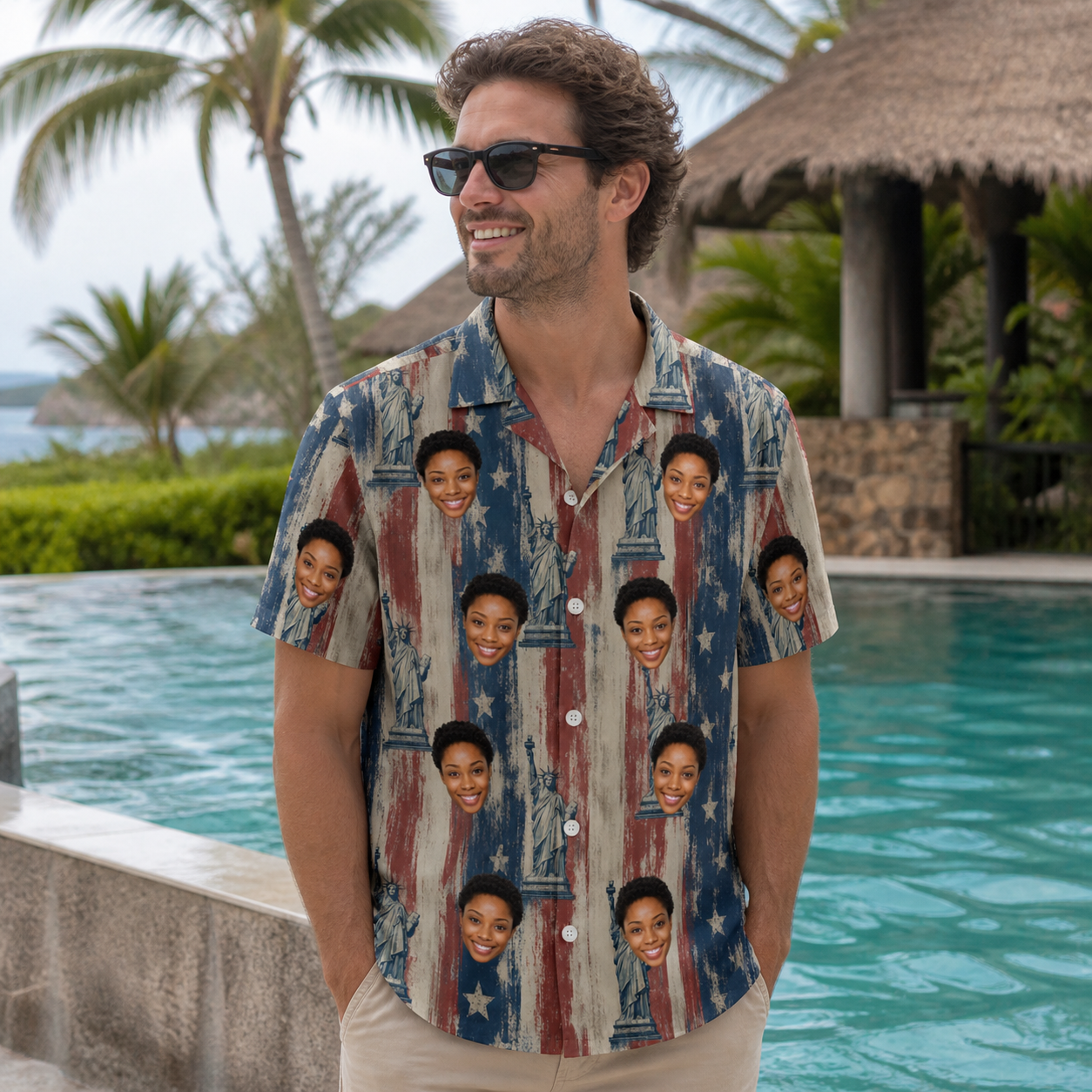 Real-life photo of someone wearing Men's Copper Colossus Custom Face Hawaiian Shirt — custom faces printed all-over