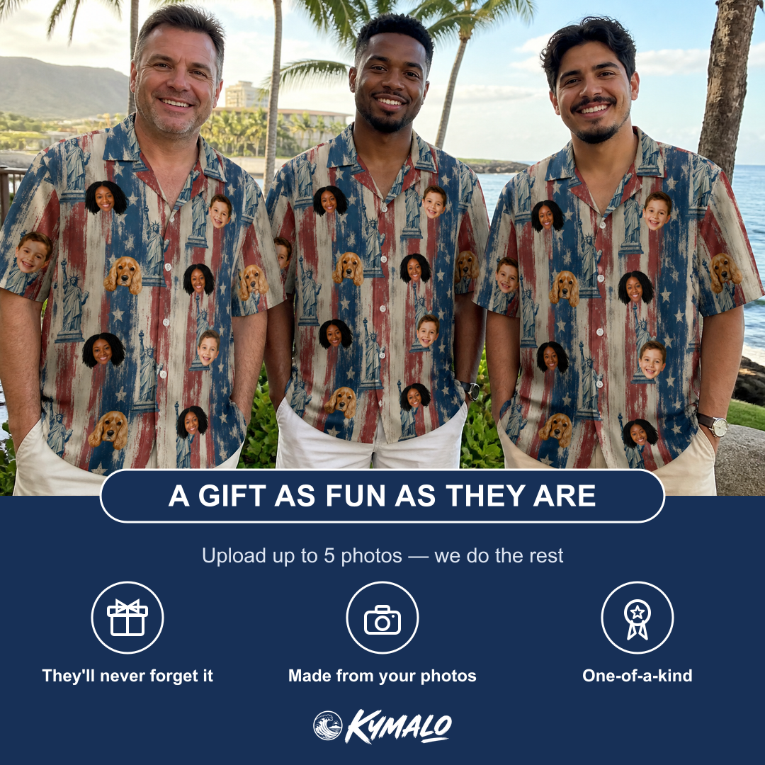 Friends in matching Men's Copper Colossus Custom Face Hawaiian Shirt — a group gift photo