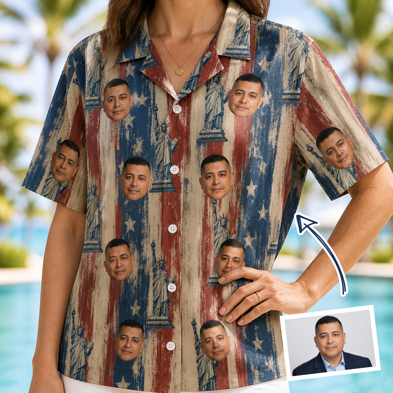 Woman wearing Women's Copper Colossus Custom Face Hawaiian Shirt — custom faces printed all-over