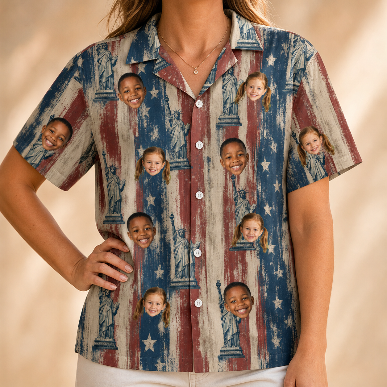 Model wearing Women's Copper Colossus Custom Face Hawaiian Shirt printed with kids' faces