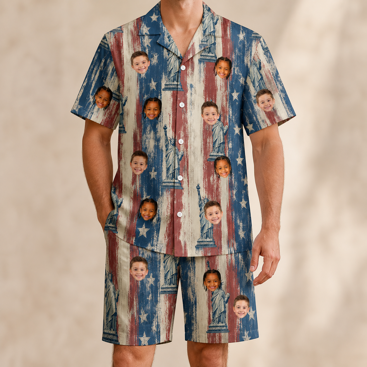 Model wearing Men's Copper Colossus Custom Face Shirt & Shorts Set printed with kids' faces