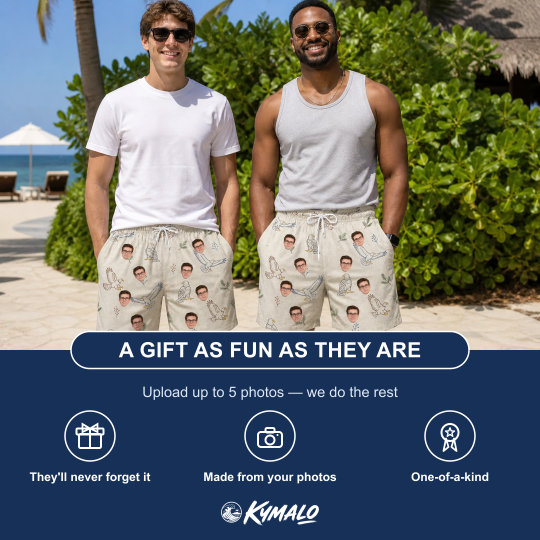 Friends in matching Men's Talon Toast Custom Face Beach Shorts — a group gift photo