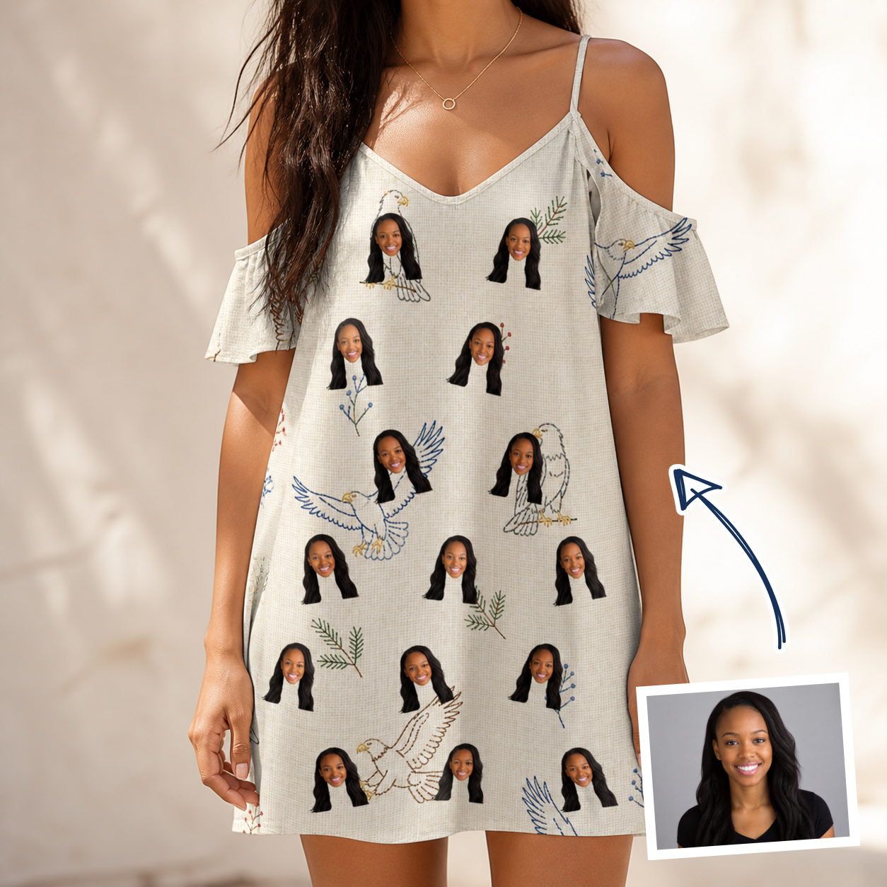 Woman wearing Women's Talon Toast Custom Face Off-Shoulder Dress — custom faces printed all-over