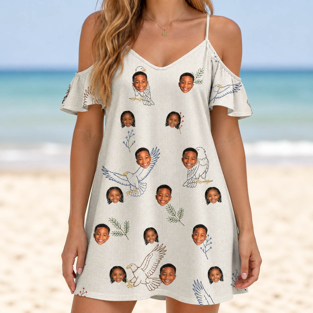 Model wearing Women's Talon Toast Custom Face Off-Shoulder Dress printed with kids' faces