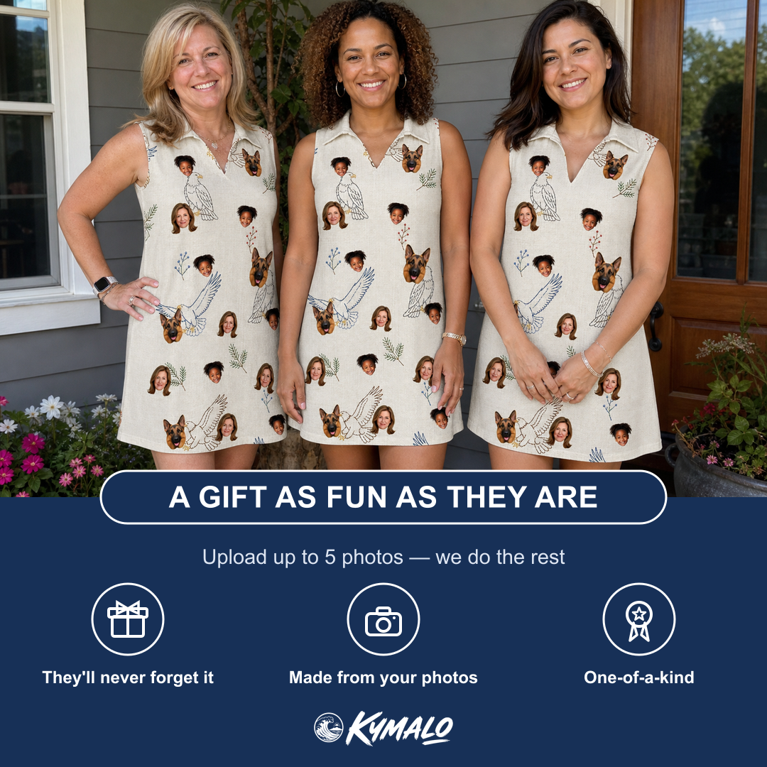 Friends in matching Women's Talon Toast Custom Face V-Neck Dress — a group gift photo