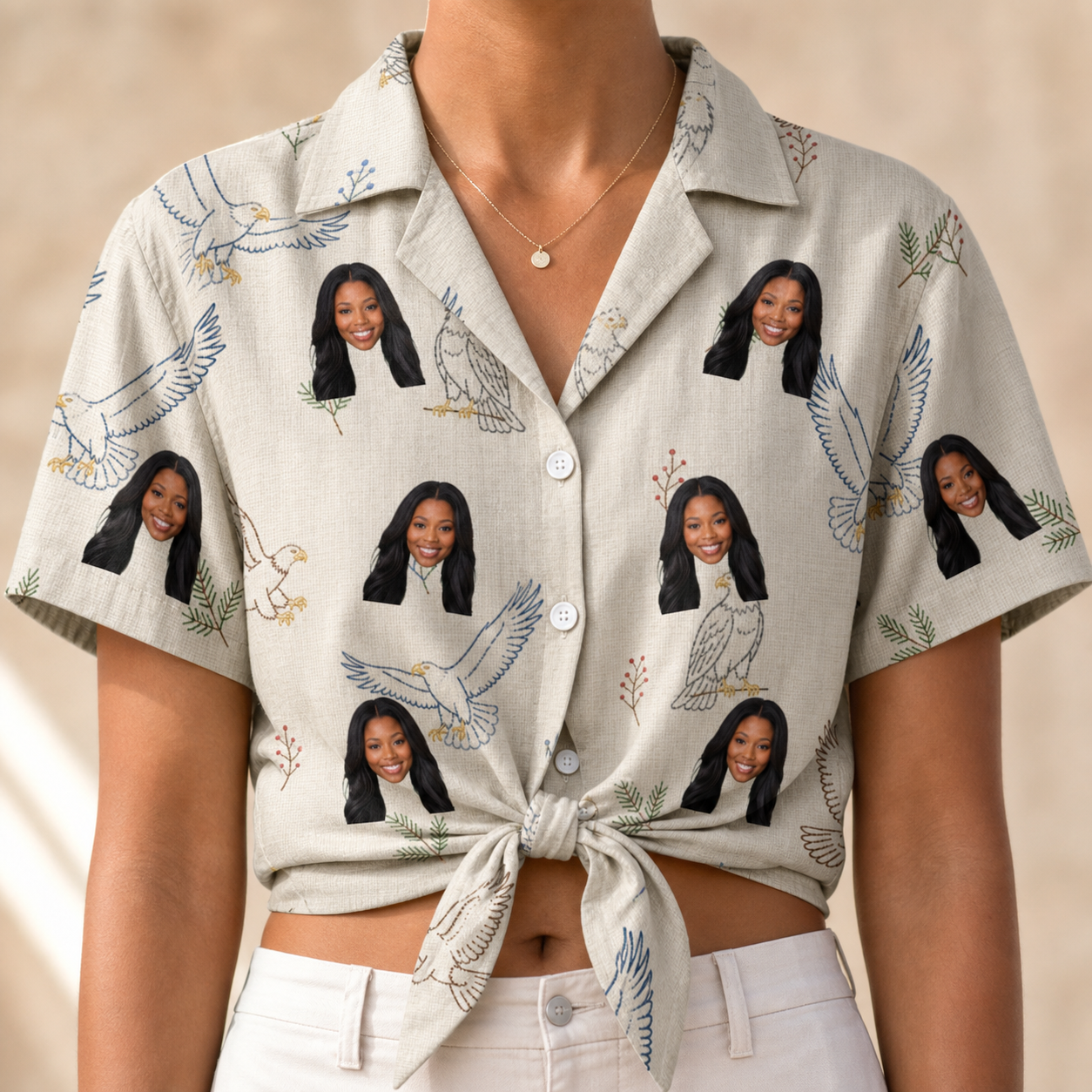 Woman wearing Women's Talon Toast Custom Face Hawaiian Shirt tied at the waist