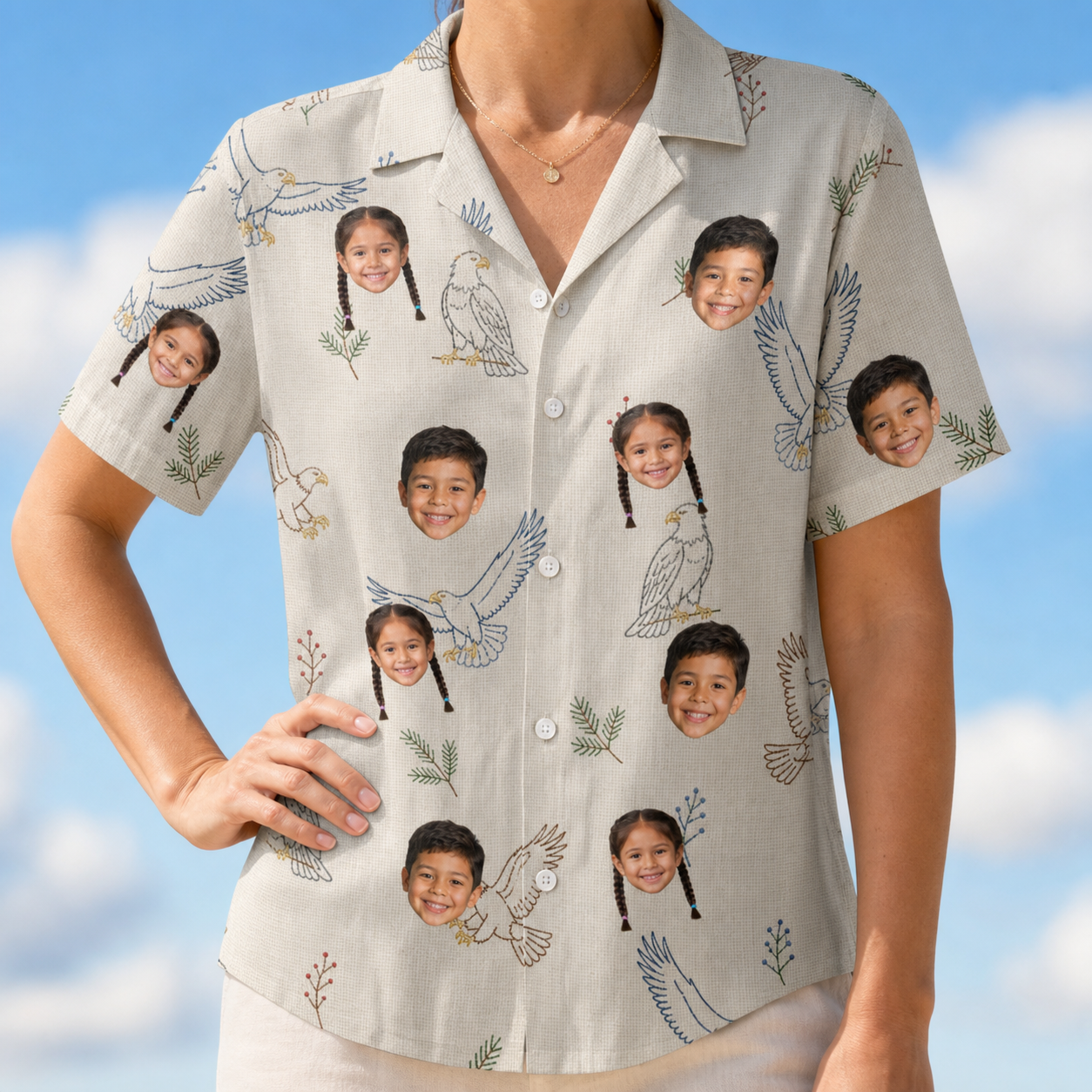 Model wearing Women's Talon Toast Custom Face Hawaiian Shirt printed with kids' faces