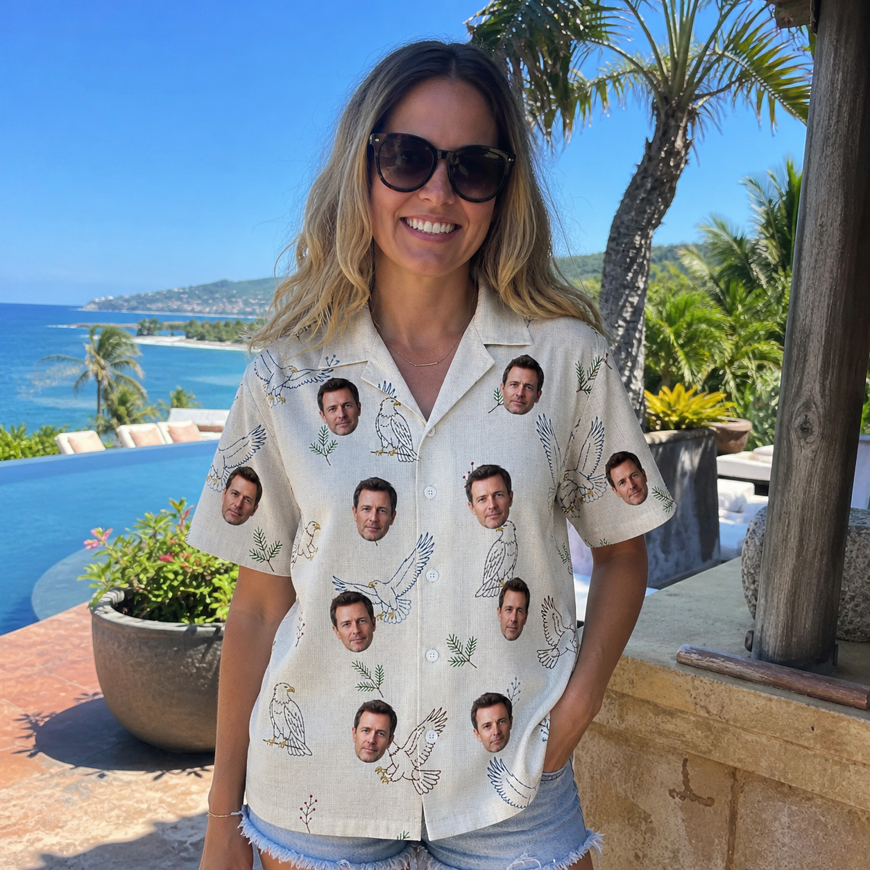Real-life photo of someone wearing Women's Talon Toast Custom Face Hawaiian Shirt — custom faces printed all-over