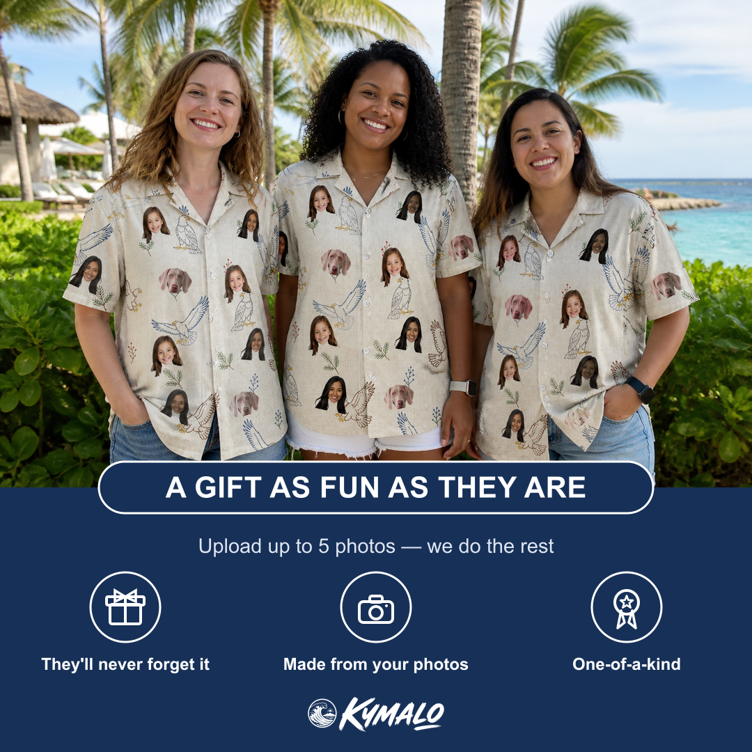Friends in matching Women's Talon Toast Custom Face Hawaiian Shirt — a group gift photo