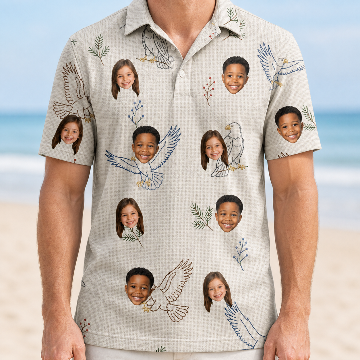 Model wearing Men's Talon Toast Custom Face Polo Shirt printed with kids' faces