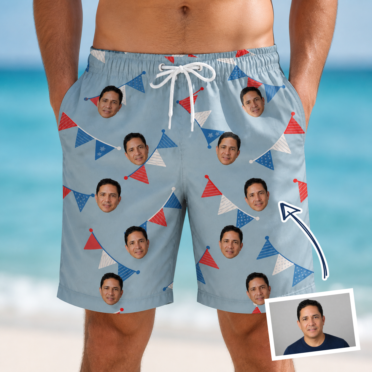 Man wearing Men's Bunting Bonanza Custom Face Beach Shorts — custom faces printed all-over