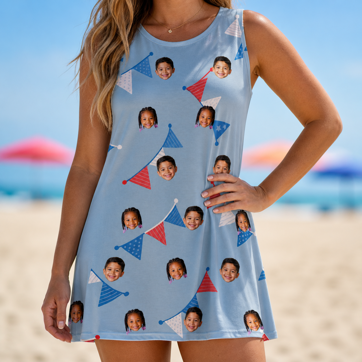 Model wearing Women's Bunting Bonanza Custom Face Tank Dress printed with kids' faces