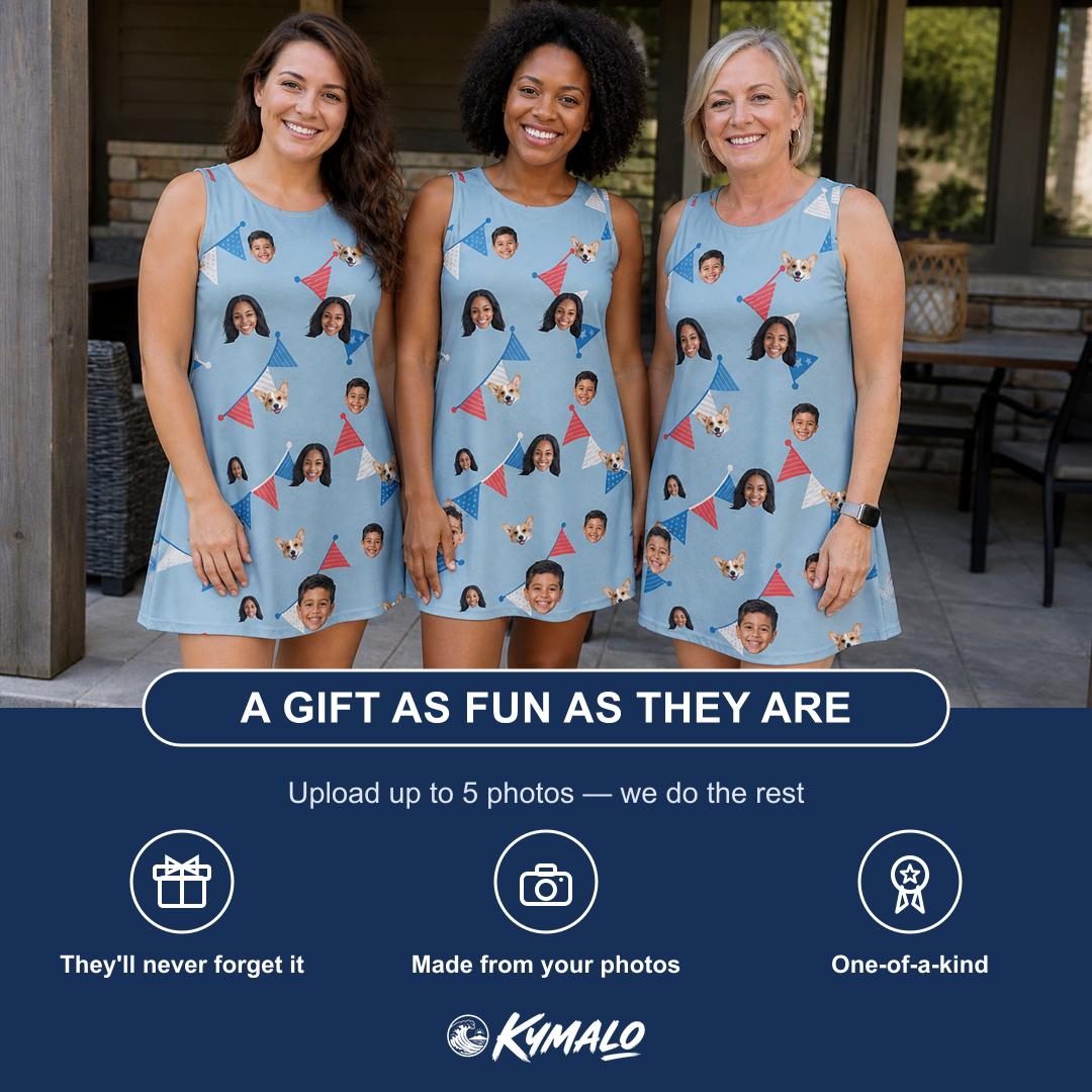 Friends in matching Women's Bunting Bonanza Custom Face Tank Dress — a group gift photo