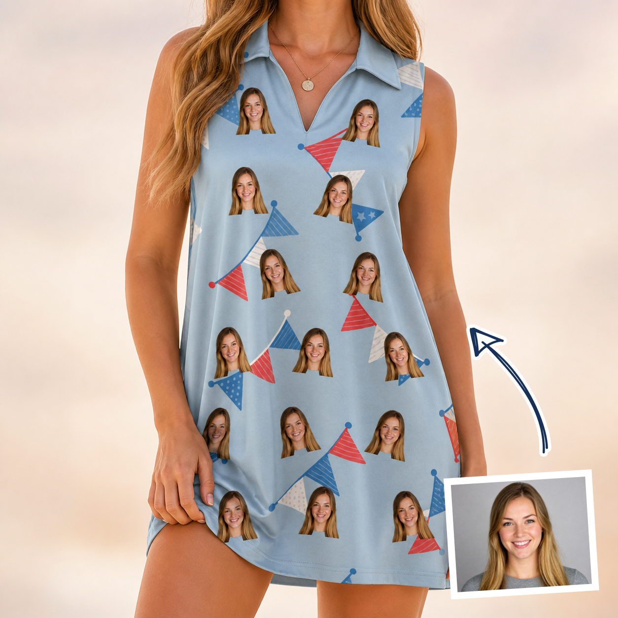Woman wearing Women's Bunting Bonanza Custom Face V-Neck Dress — custom faces printed all-over