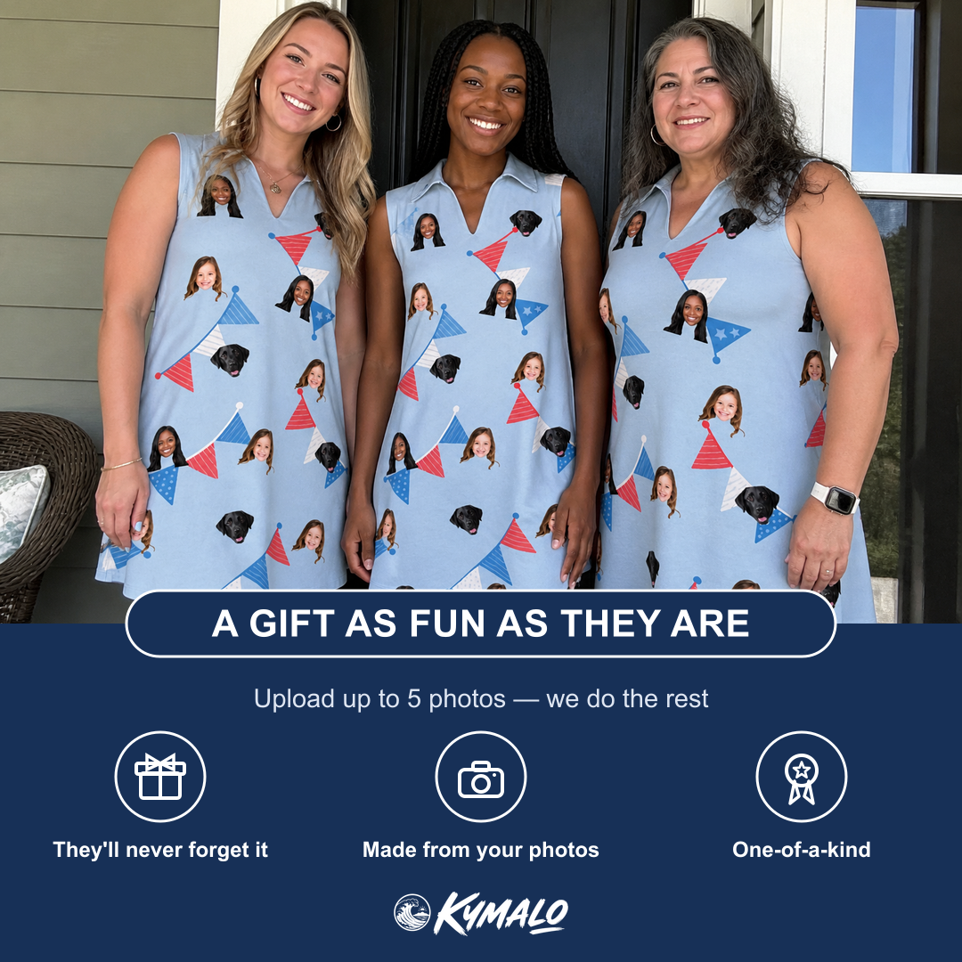 Friends in matching Women's Bunting Bonanza Custom Face V-Neck Dress — a group gift photo