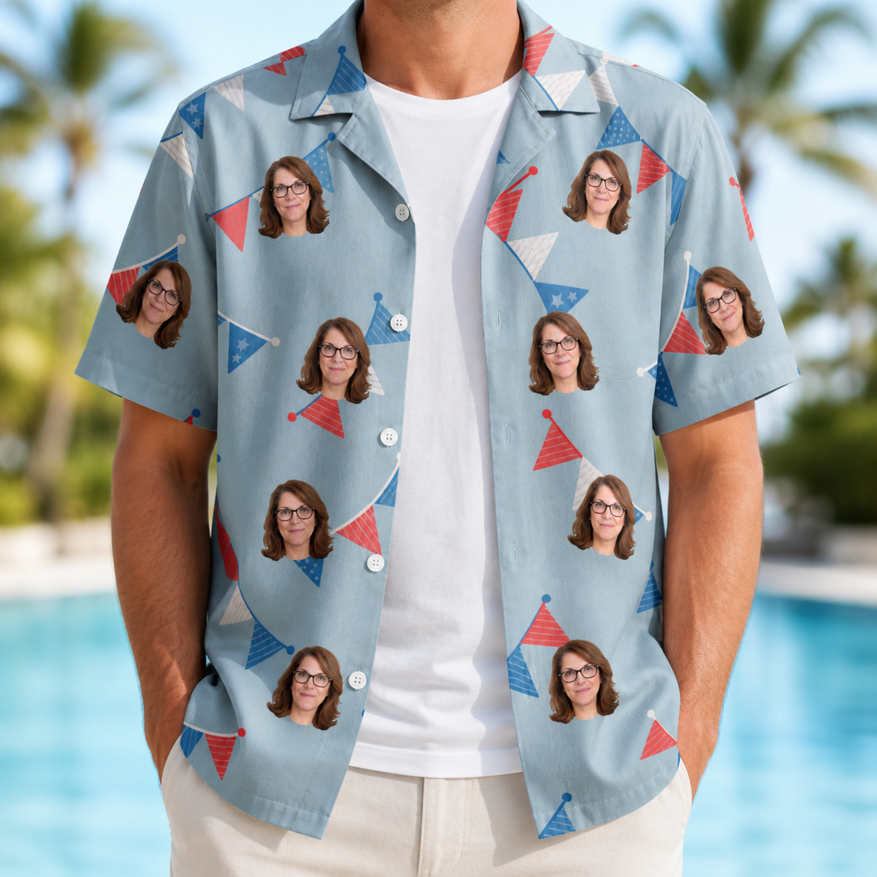 Man wearing Men's Bunting Bonanza Custom Face Hawaiian Shirt open over a white tee