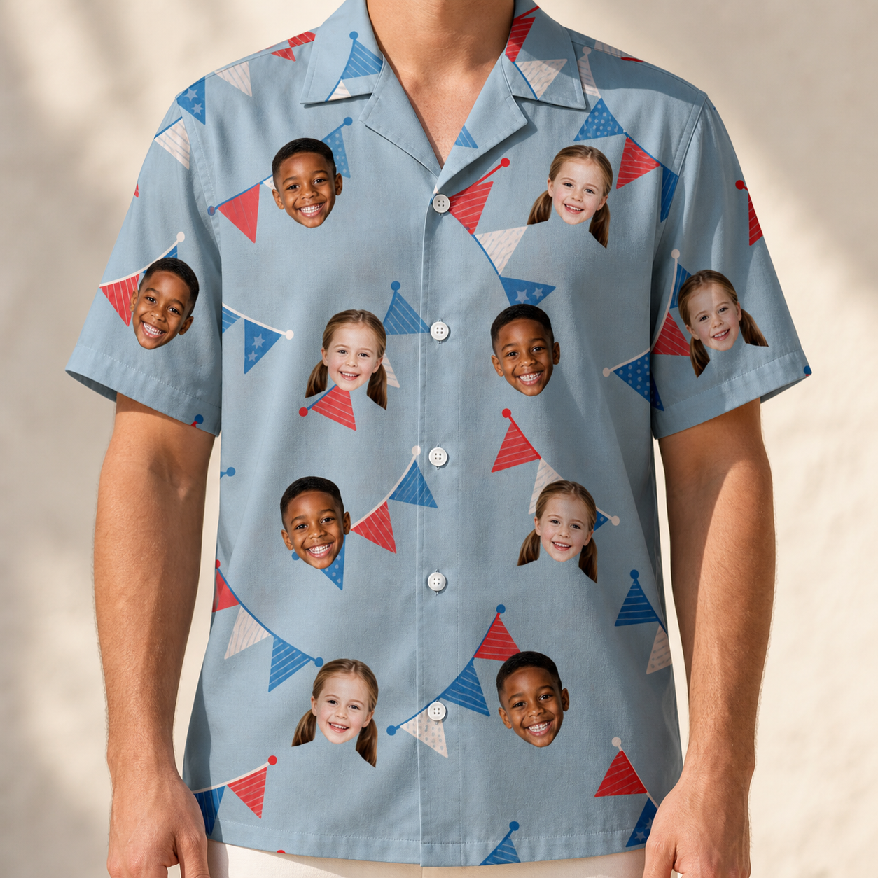 Model wearing Men's Bunting Bonanza Custom Face Hawaiian Shirt printed with kids' faces