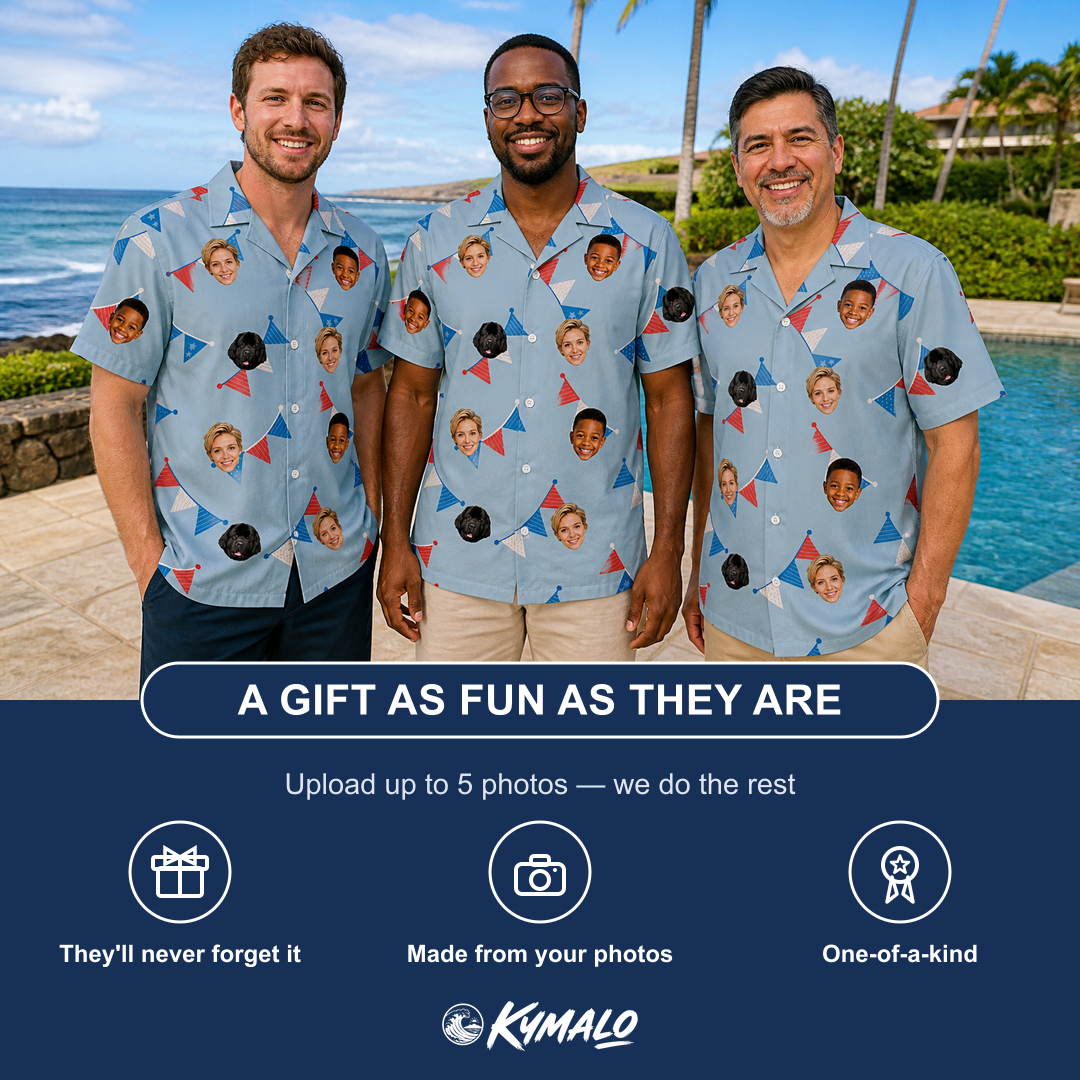 Friends in matching Men's Bunting Bonanza Custom Face Hawaiian Shirt — a group gift photo