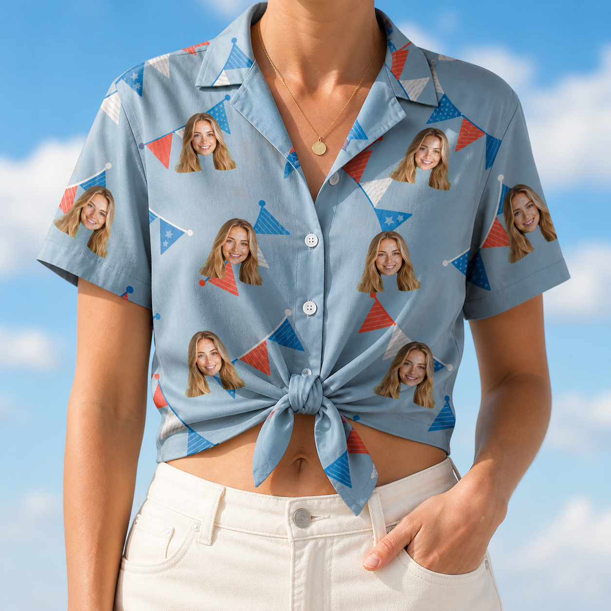 Woman wearing Women's Bunting Bonanza Custom Face Hawaiian Shirt tied at the waist