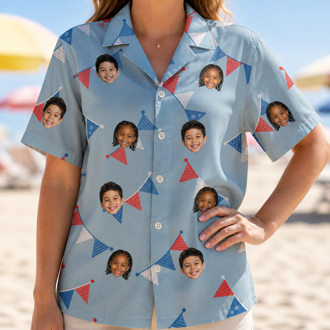 Model wearing Women's Bunting Bonanza Custom Face Hawaiian Shirt printed with kids' faces
