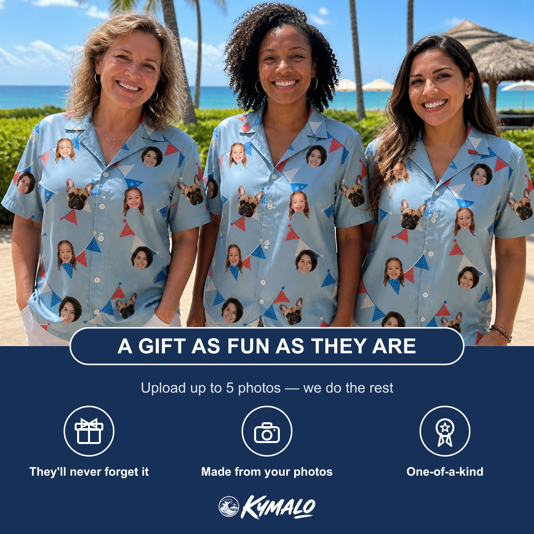 Friends in matching Women's Bunting Bonanza Custom Face Hawaiian Shirt — a group gift photo