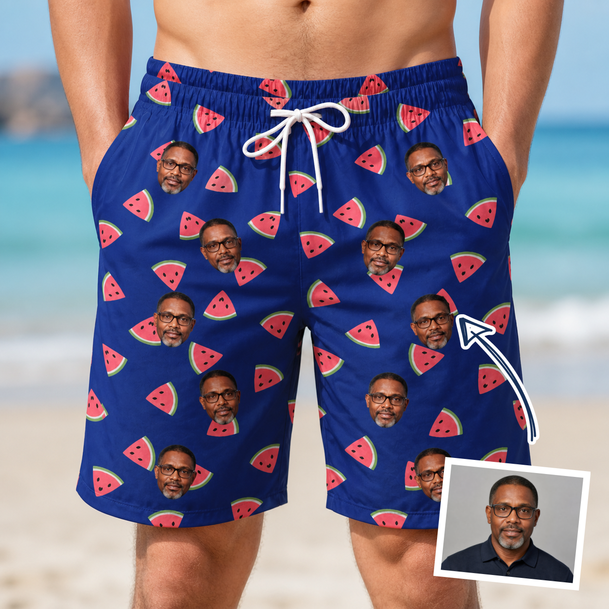 Man wearing Men's July Quarters Custom Face Beach Shorts — custom faces printed all-over