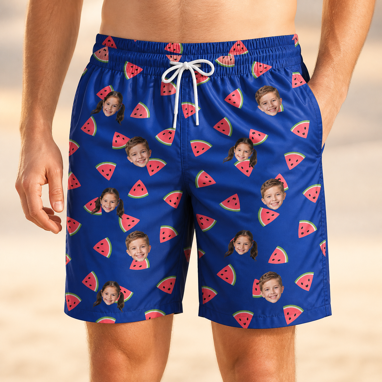 Model wearing Men's July Quarters Custom Face Beach Shorts printed with kids' faces