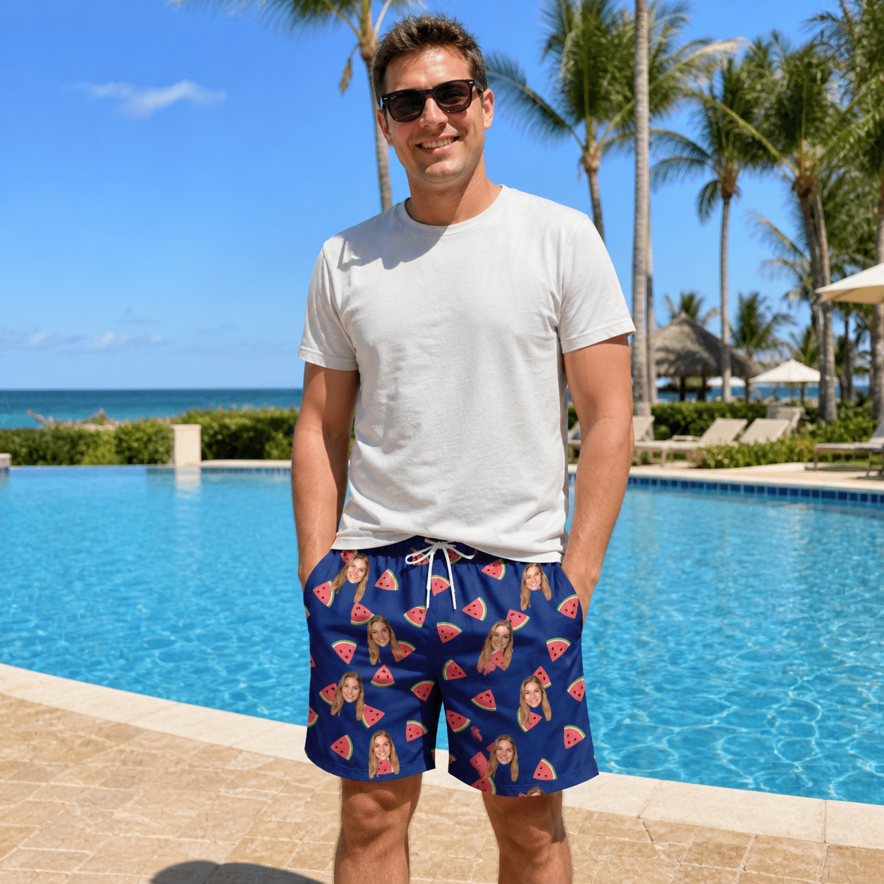 Real-life photo of someone wearing Men's July Quarters Custom Face Beach Shorts — custom faces printed all-over